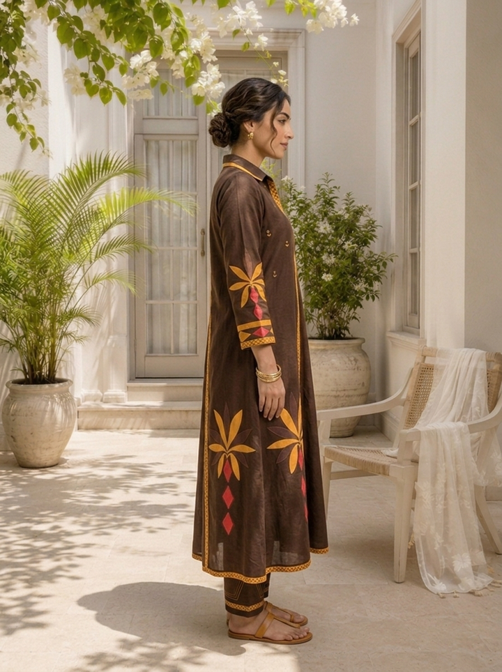 Brown Cotton Geometric Applique Printed Two Piece Set