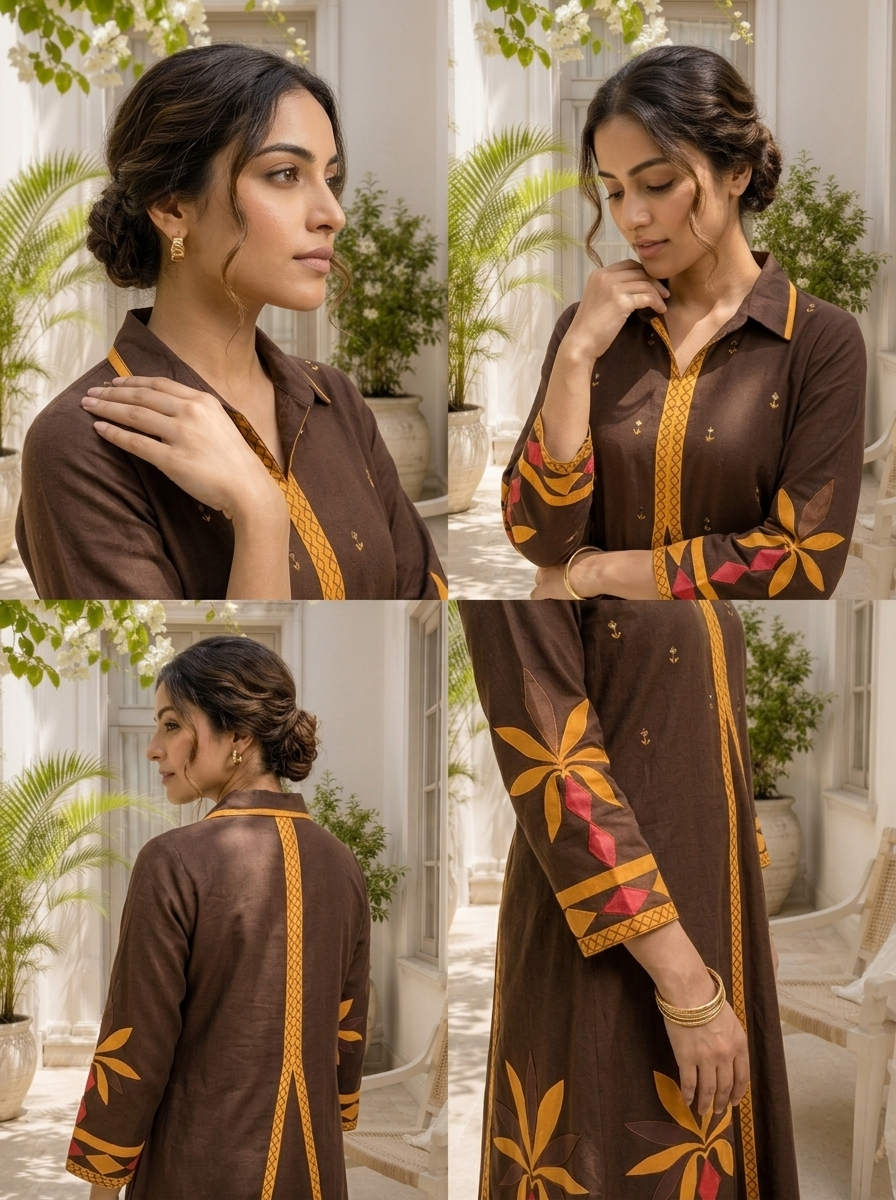 Brown Cotton Geometric Applique Printed Two Piece Set