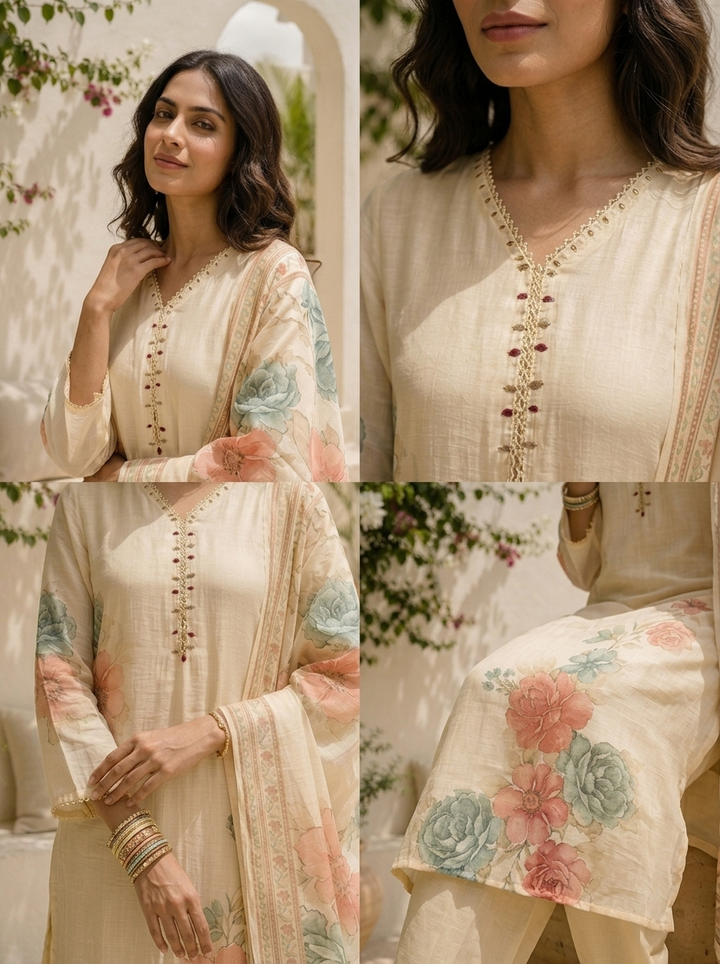 Cream Muslin Floral Printed Three Piece Set