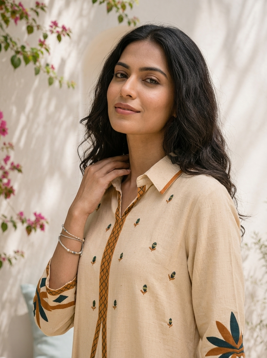 Cream Cotton Geometric Applique Printed Two Piece Set