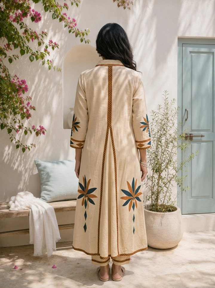 Cream Cotton Geometric Applique Printed Two Piece Set