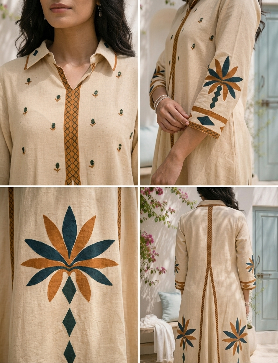 Cream Cotton Geometric Applique Printed Two Piece Set
