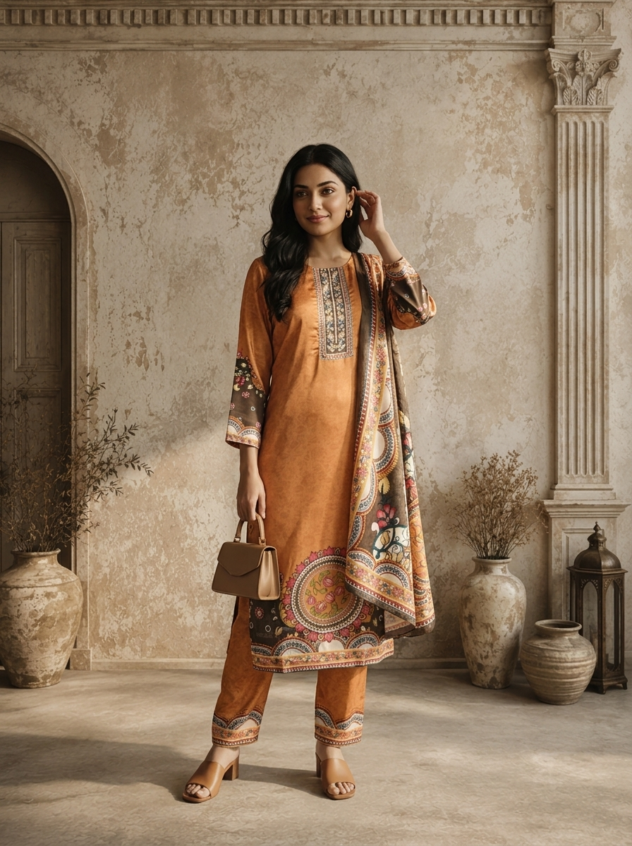 Gold Crepe Mandala Printed Three Piece Set