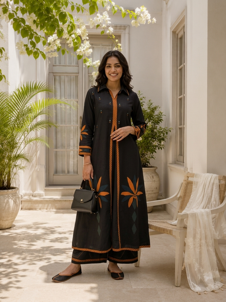 Black Cotton Geometric Applique Printed Two Piece Set