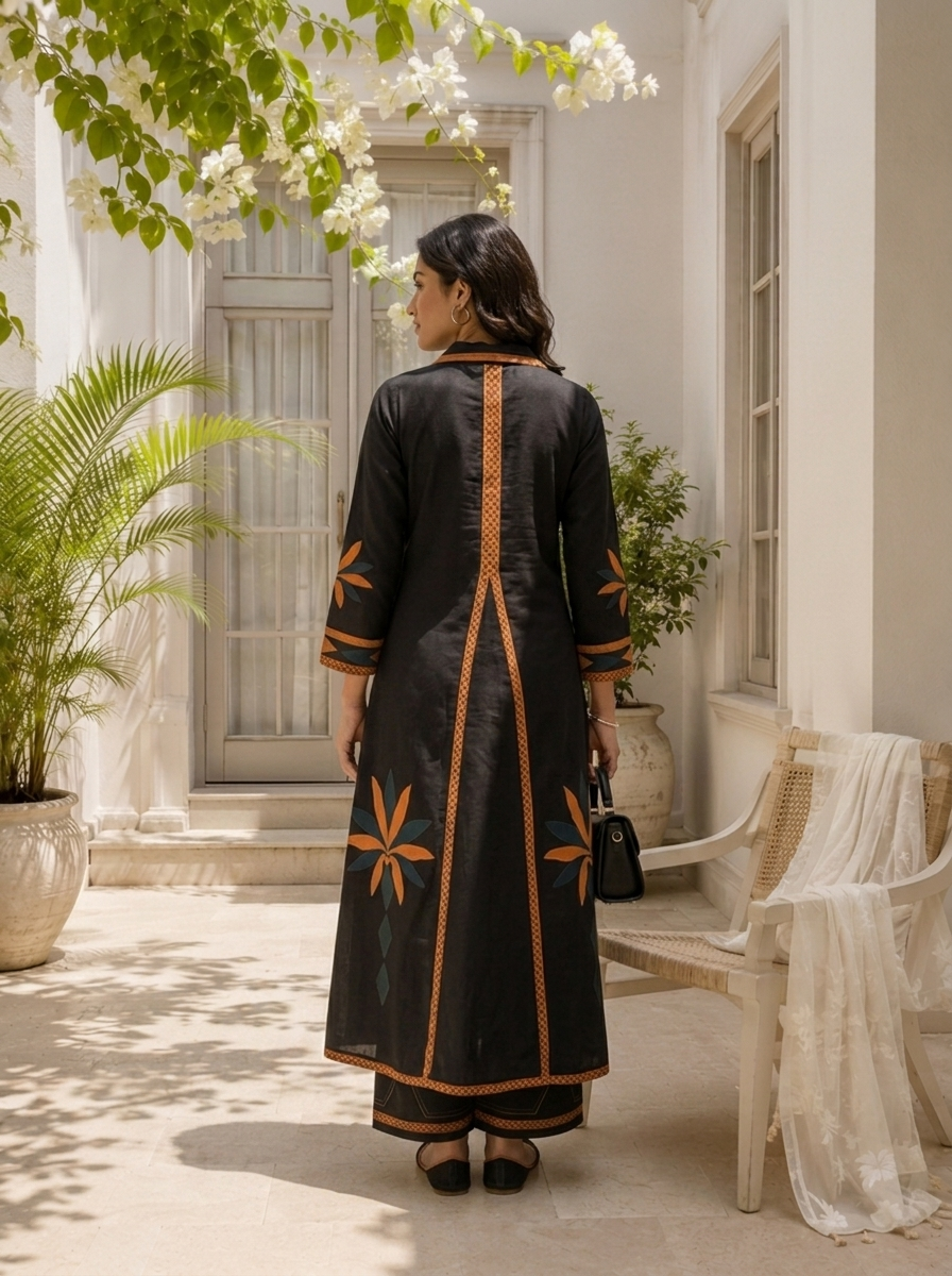 Black Cotton Geometric Applique Printed Two Piece Set