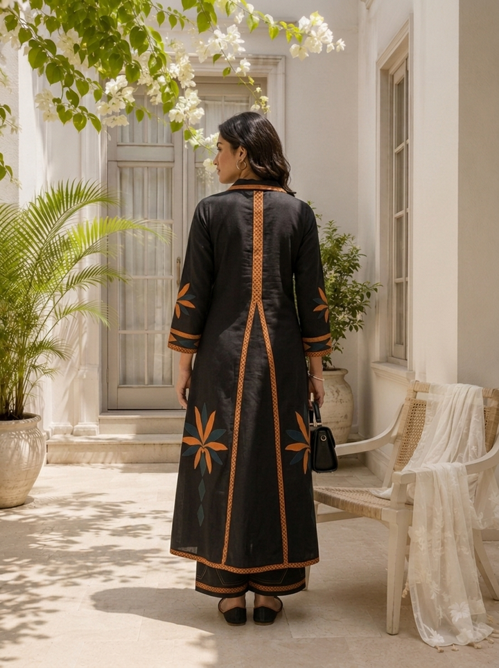 Black Cotton Geometric Applique Printed Two Piece Set