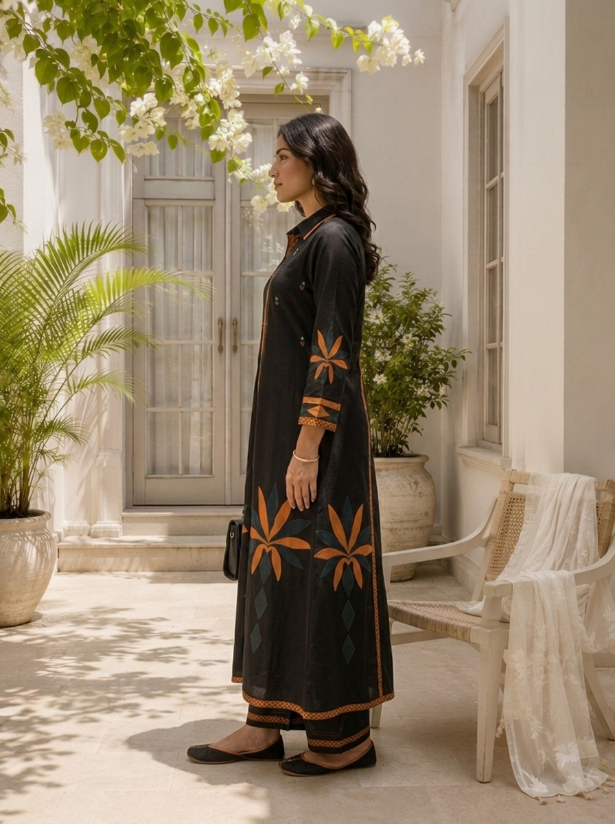 Black Cotton Geometric Applique Printed Two Piece Set