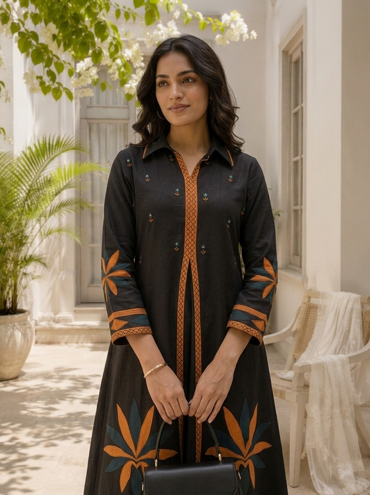 Black Cotton Geometric Applique Printed Two Piece Set