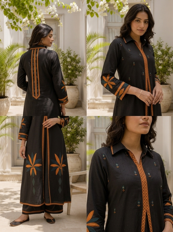 Black Cotton Geometric Applique Printed Two Piece Set