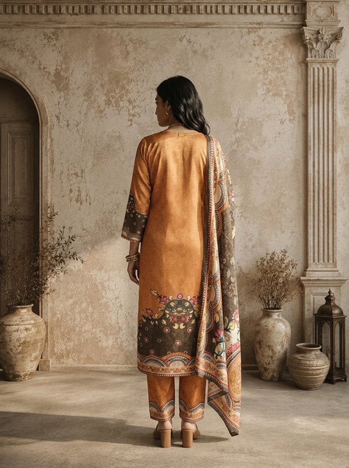 Gold Crepe Mandala Printed Three Piece Set