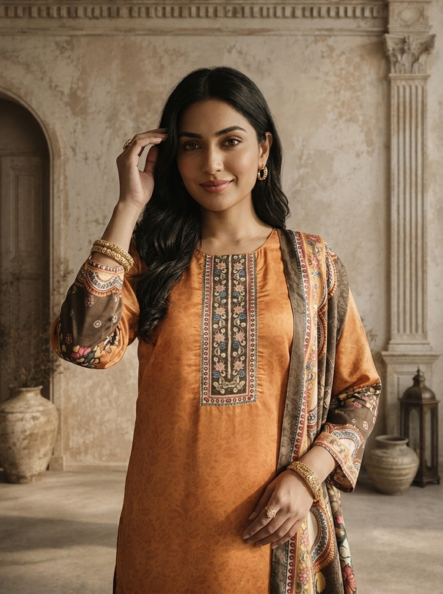 Gold Crepe Mandala Printed Three Piece Set