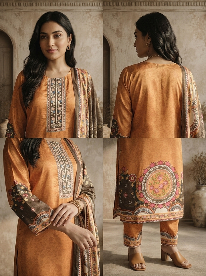 Gold Crepe Mandala Printed Three Piece Set