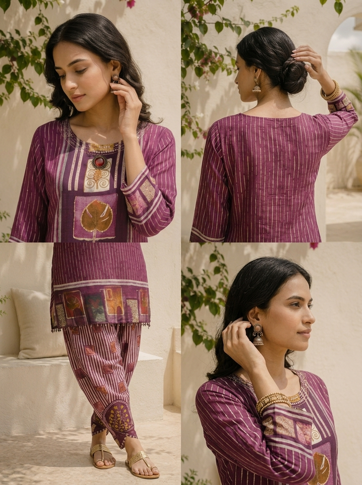 Wine Crepe Ajrakh Printed Two Piece Set
