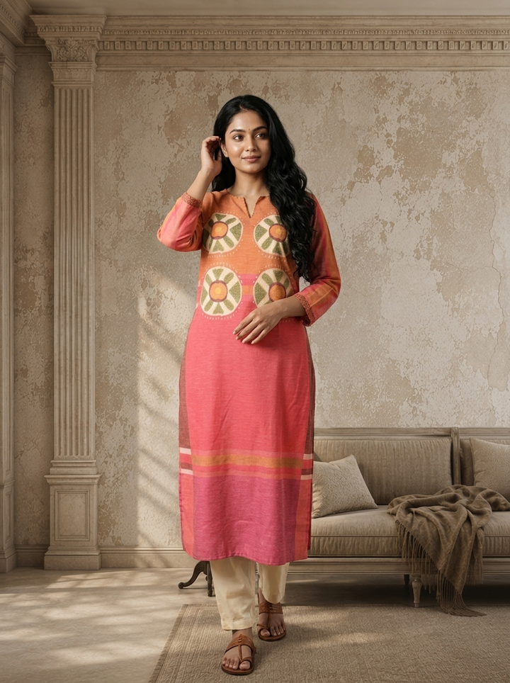 Pink Linen Mandala Bloom Printed Kurta