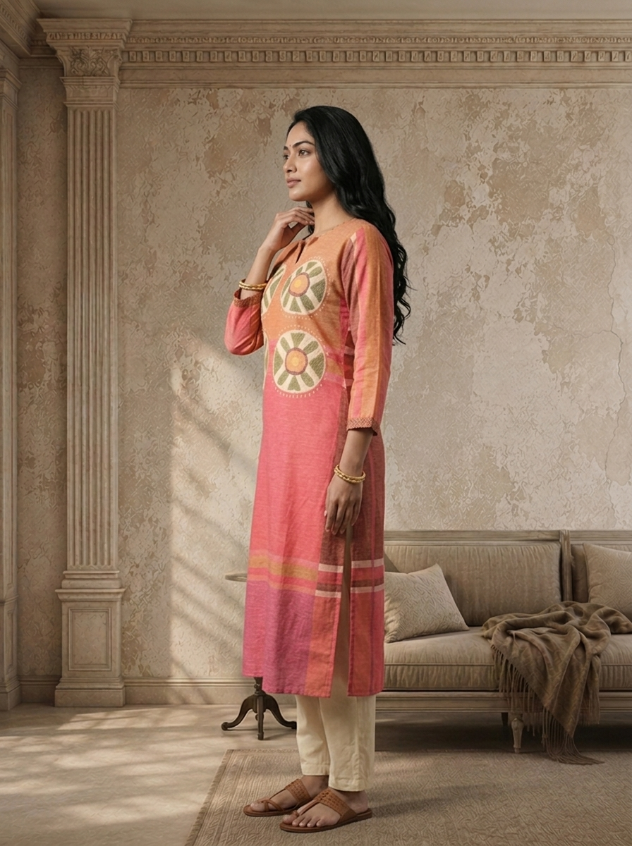 Pink Linen Mandala Bloom Printed Kurta