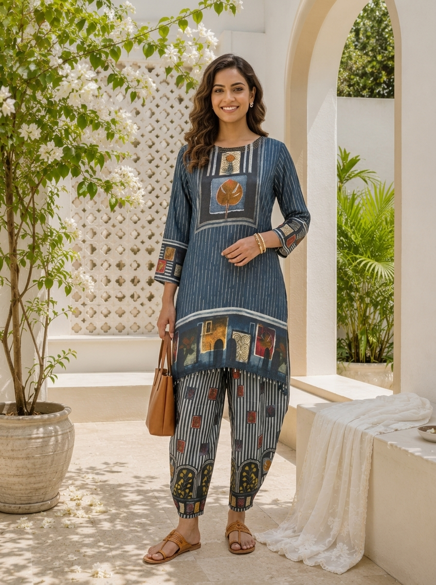 Blue Crepe Ajrakh Printed Two Piece Set