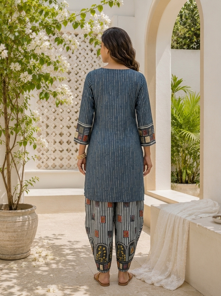 Blue Crepe Ajrakh Printed Two Piece Set