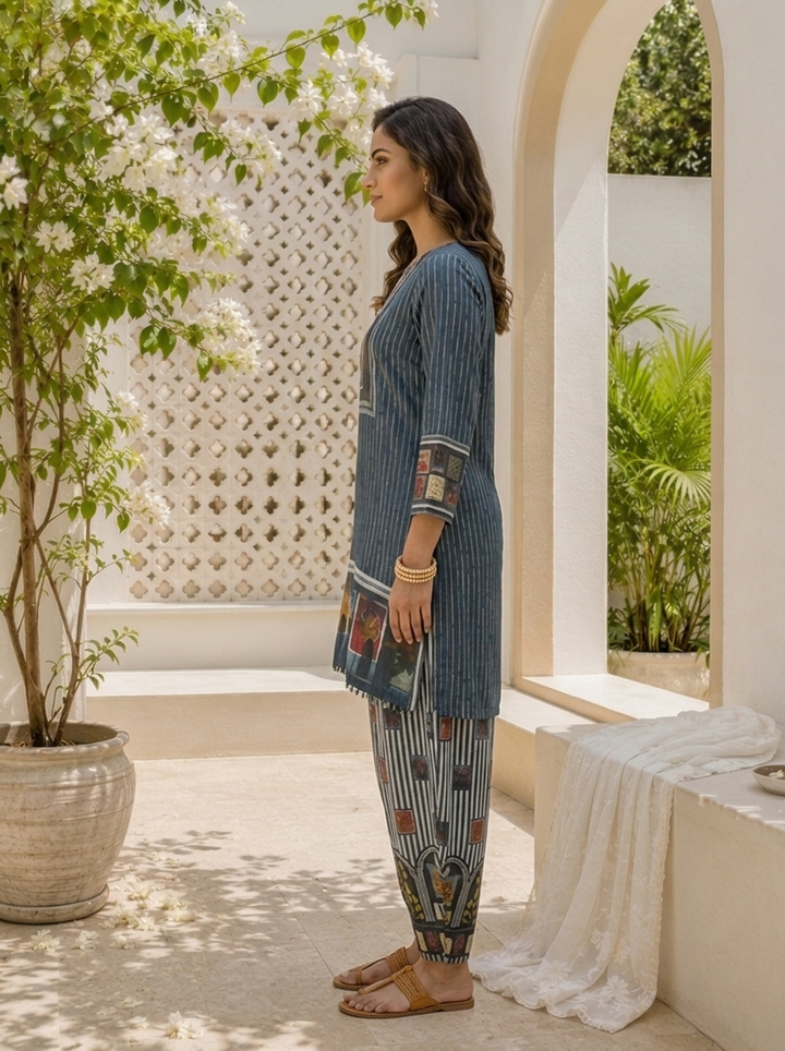 Blue Crepe Ajrakh Printed Two Piece Set