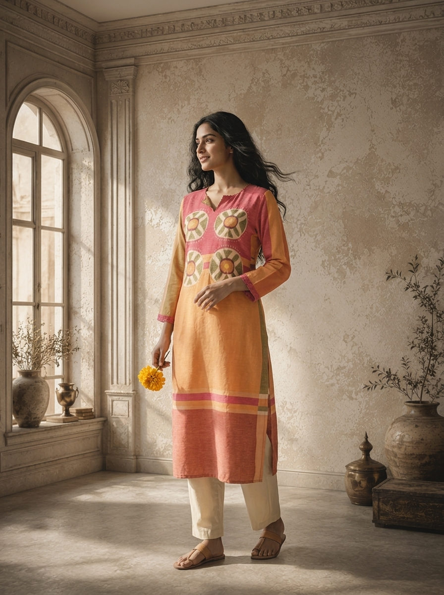 Mustard Linen Mandala Bloom Printed Kurta