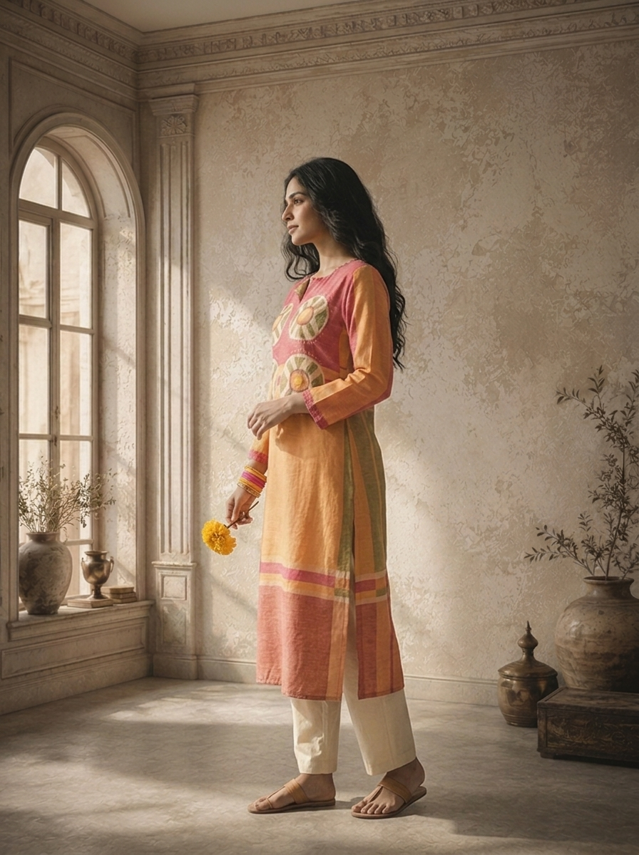 Mustard Linen Mandala Bloom Printed Kurta