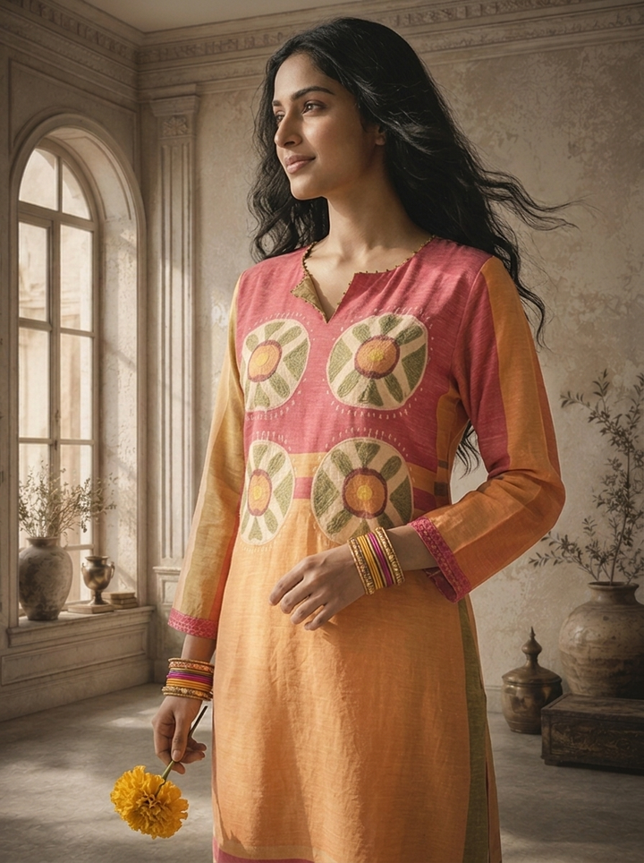 Mustard Linen Mandala Bloom Printed Kurta