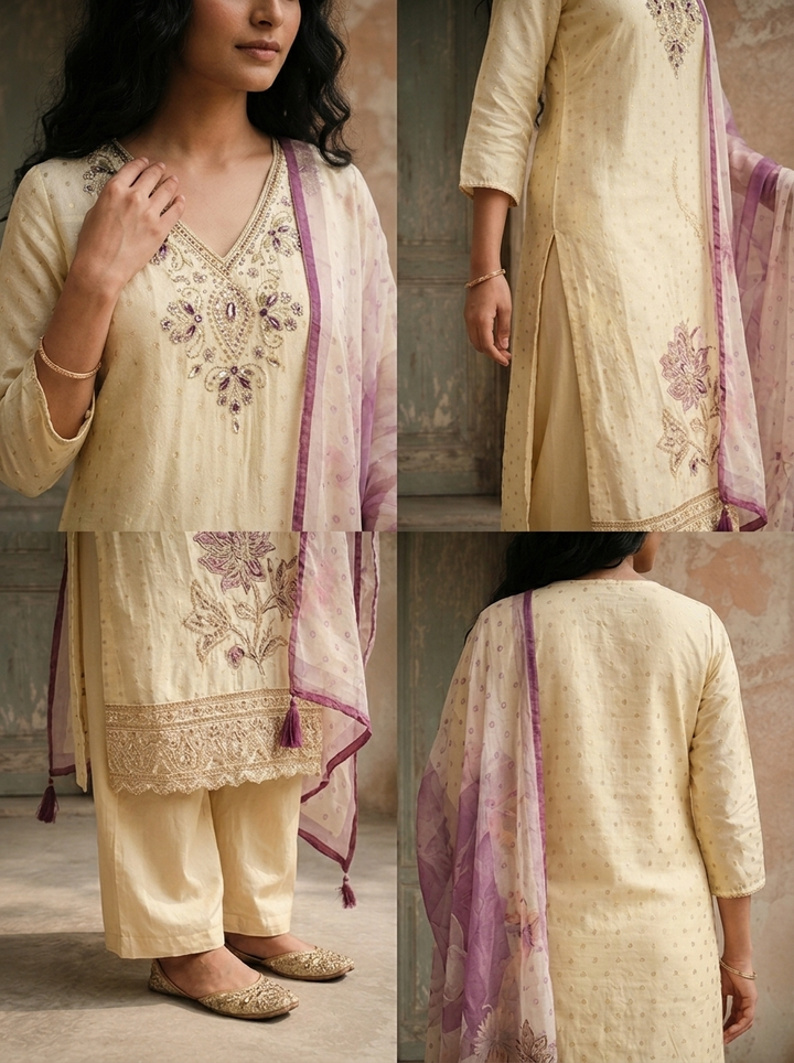 Purple Tissue Floral Embroidered Three Piece Set