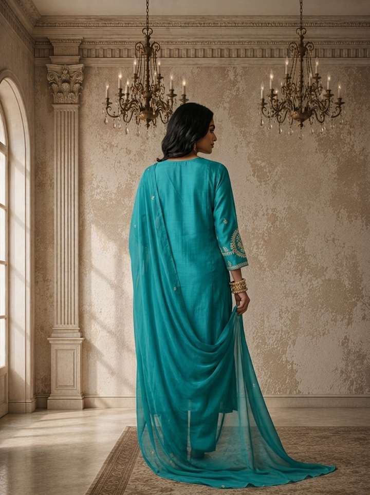 Ferozi Chanderi Silk Zari Embroidered Three Piece Set