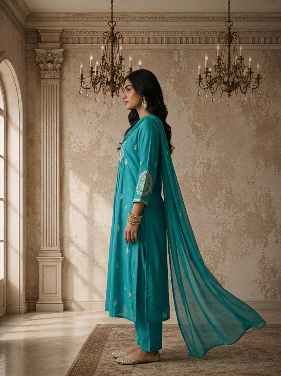Ferozi Chanderi Silk Zari Embroidered Three Piece Set