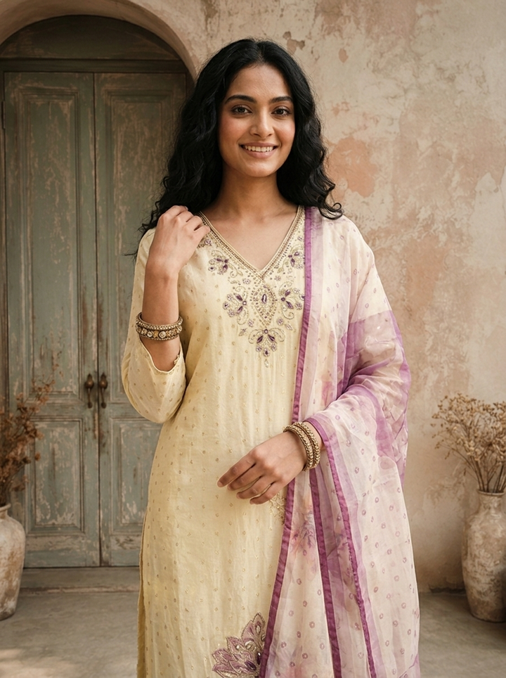 Purple Tissue Floral Embroidered Three Piece Set