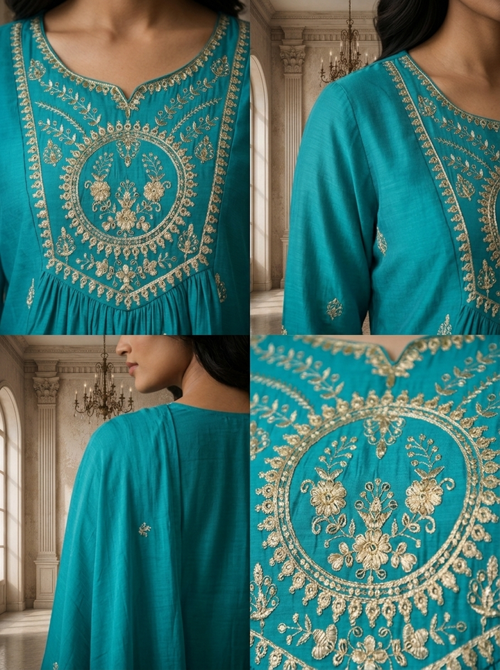 Ferozi Chanderi Silk Zari Embroidered Three Piece Set