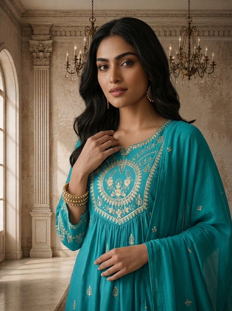Ferozi Chanderi Silk Zari Embroidered Three Piece Set