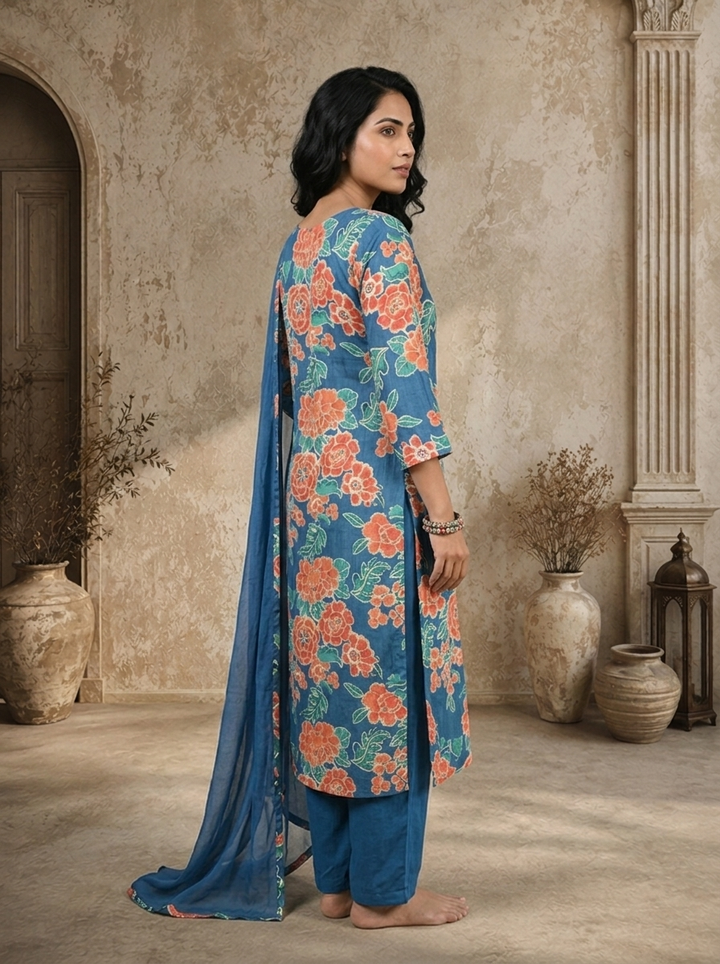 Blue Muslin Botanical Printed Three Piece Set