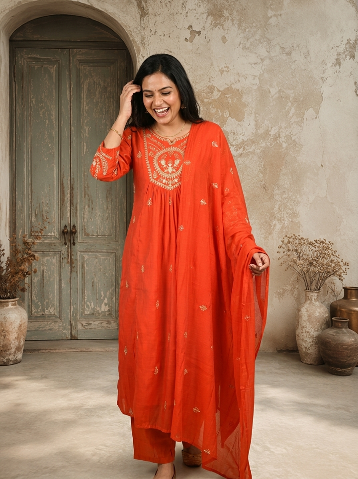 Burnt Orange Chanderi Silk Zari Embroidered Three Piece Set