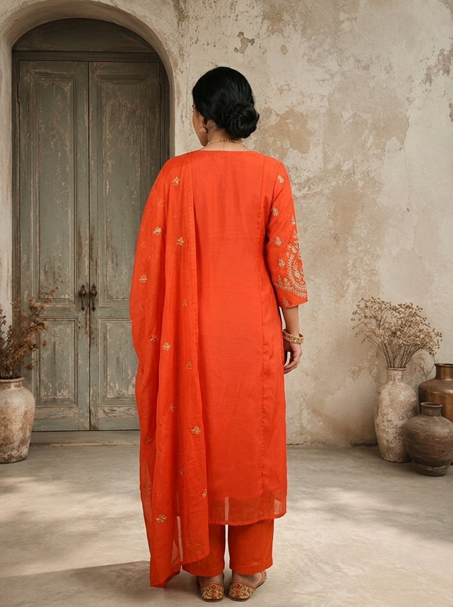 Burnt Orange Chanderi Silk Zari Embroidered Three Piece Set