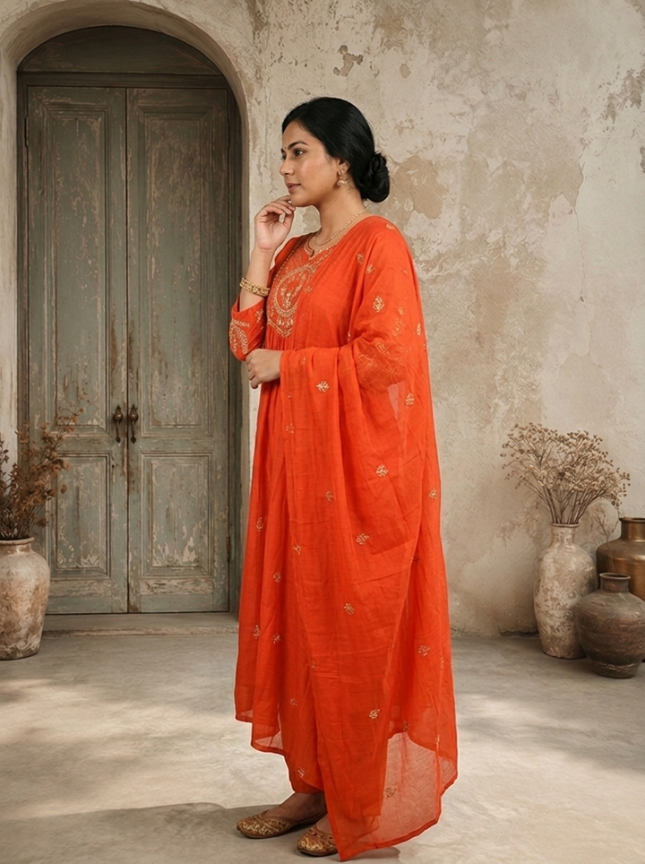 Burnt Orange Chanderi Silk Zari Embroidered Three Piece Set