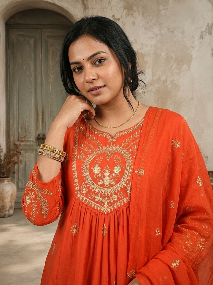 Burnt Orange Chanderi Silk Zari Embroidered Three Piece Set