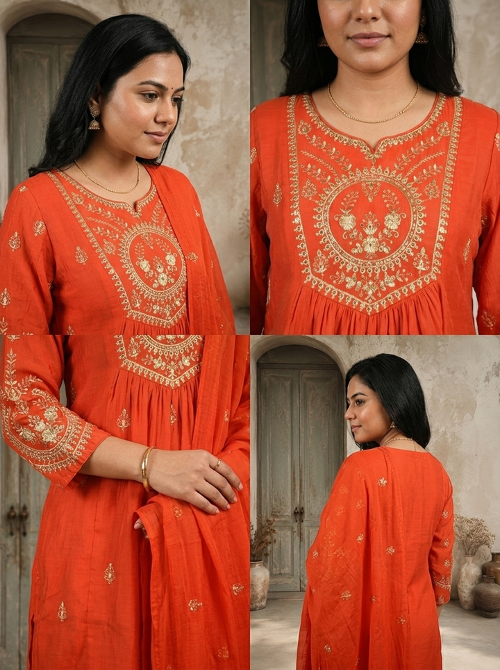 Burnt Orange Chanderi Silk Zari Embroidered Three Piece Set