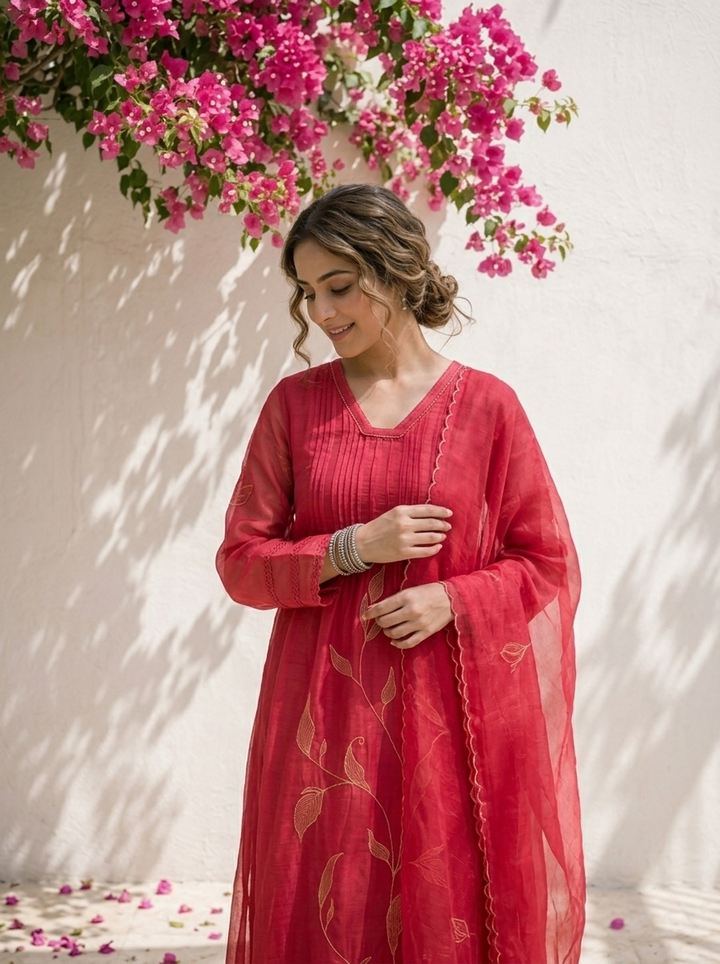 Wine Chanderi Floral Thread Embroidered Three Piece Set