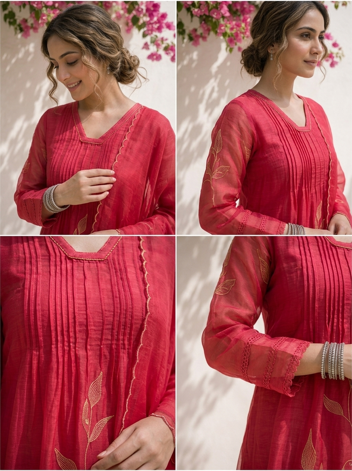Wine Chanderi Floral Thread Embroidered Three Piece Set