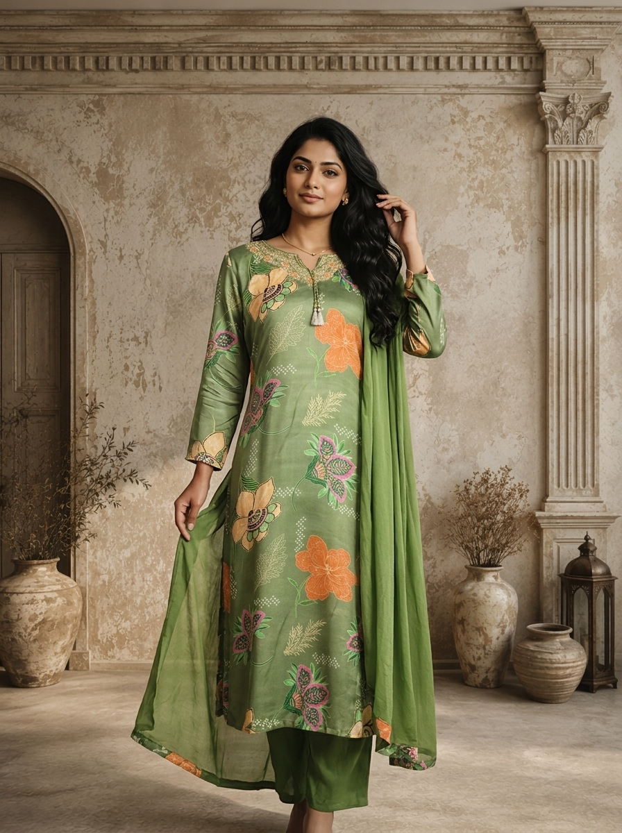 Pista Muslin Botanical Printed Three Piece Set