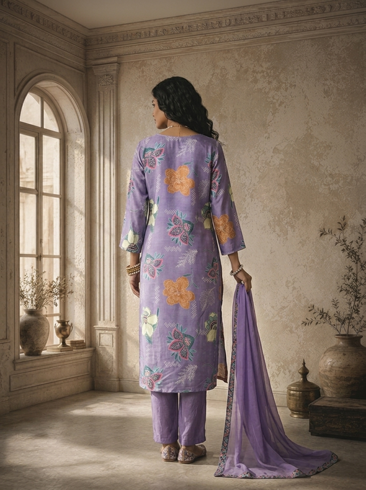 Purple Muslin Botanical Printed Three Piece Set