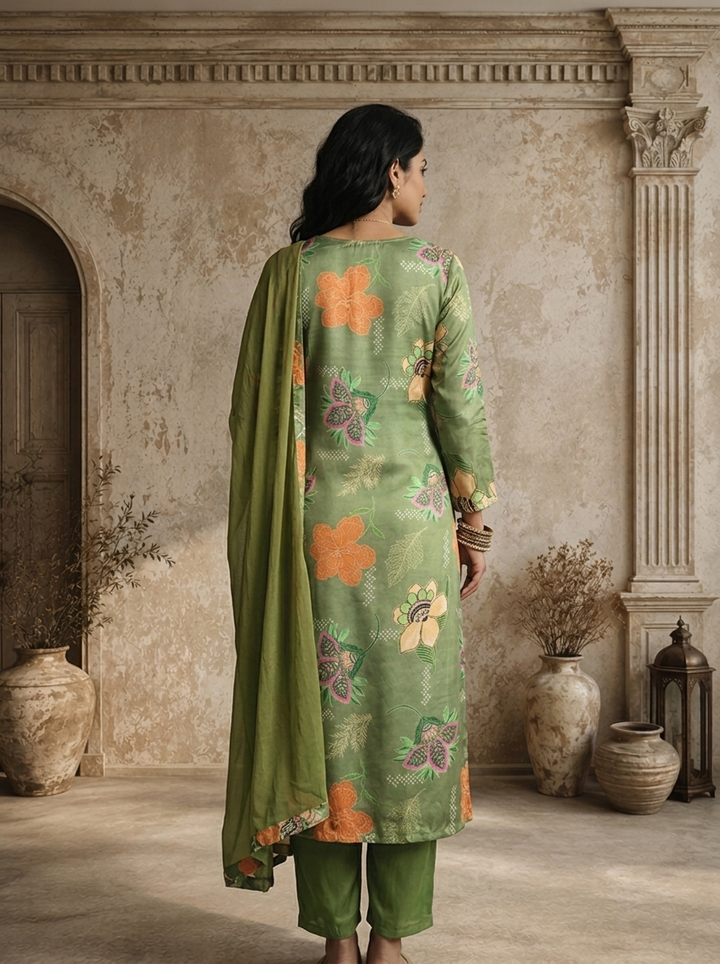 Pista Muslin Botanical Printed Three Piece Set