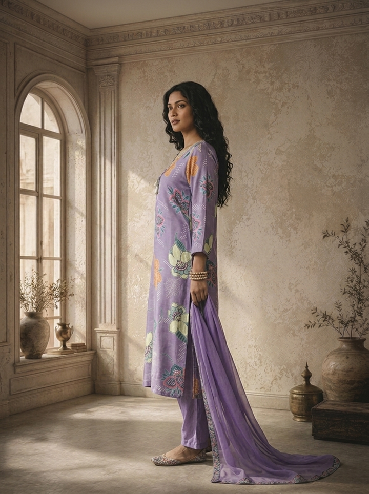 Purple Muslin Botanical Printed Three Piece Set