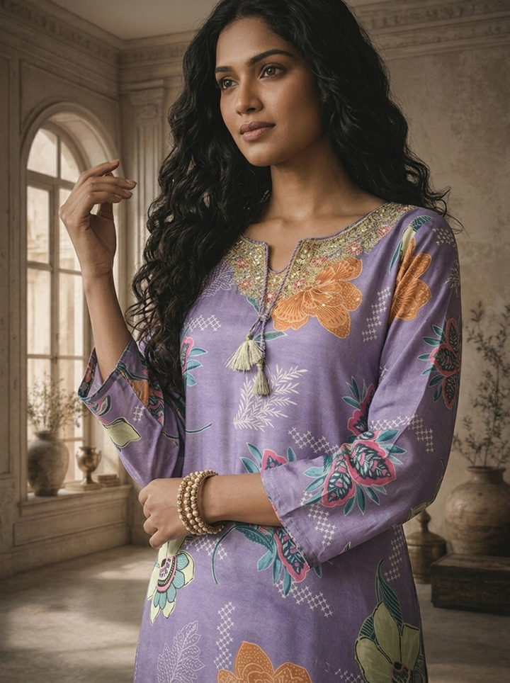 Purple Muslin Botanical Printed Three Piece Set