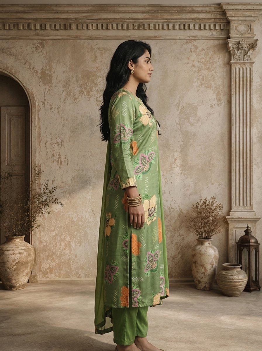 Pista Muslin Botanical Printed Three Piece Set