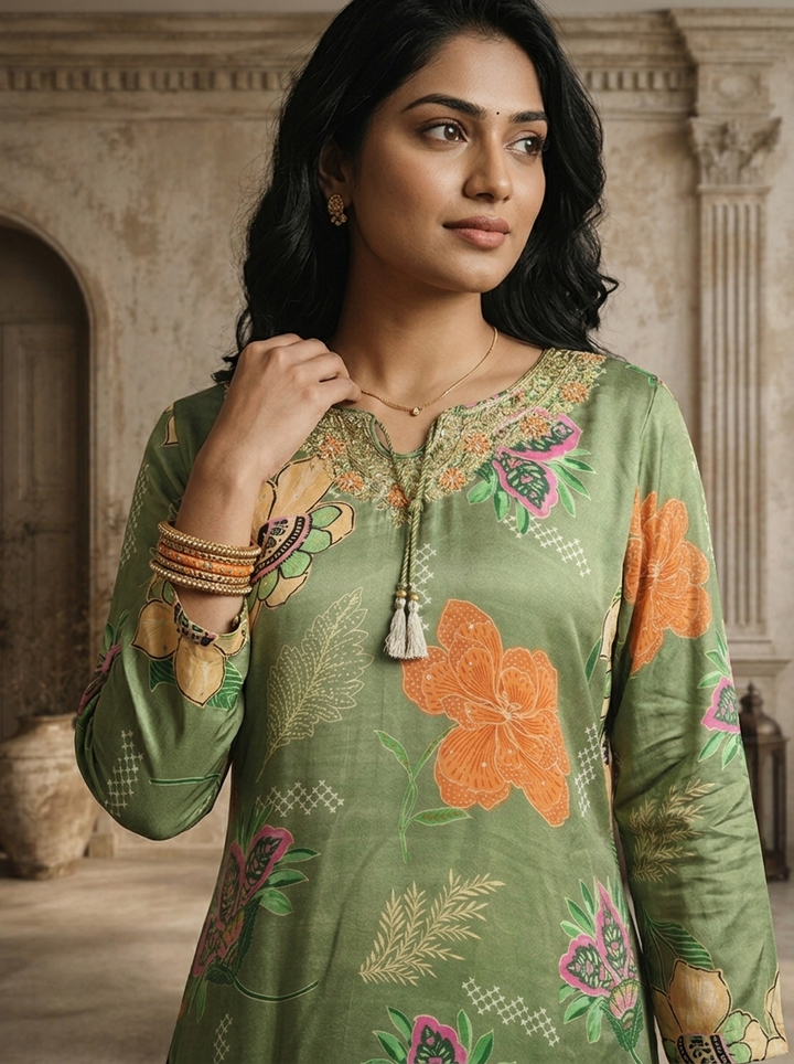 Pista Muslin Botanical Printed Three Piece Set