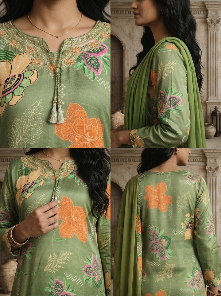 Pista Muslin Botanical Printed Three Piece Set