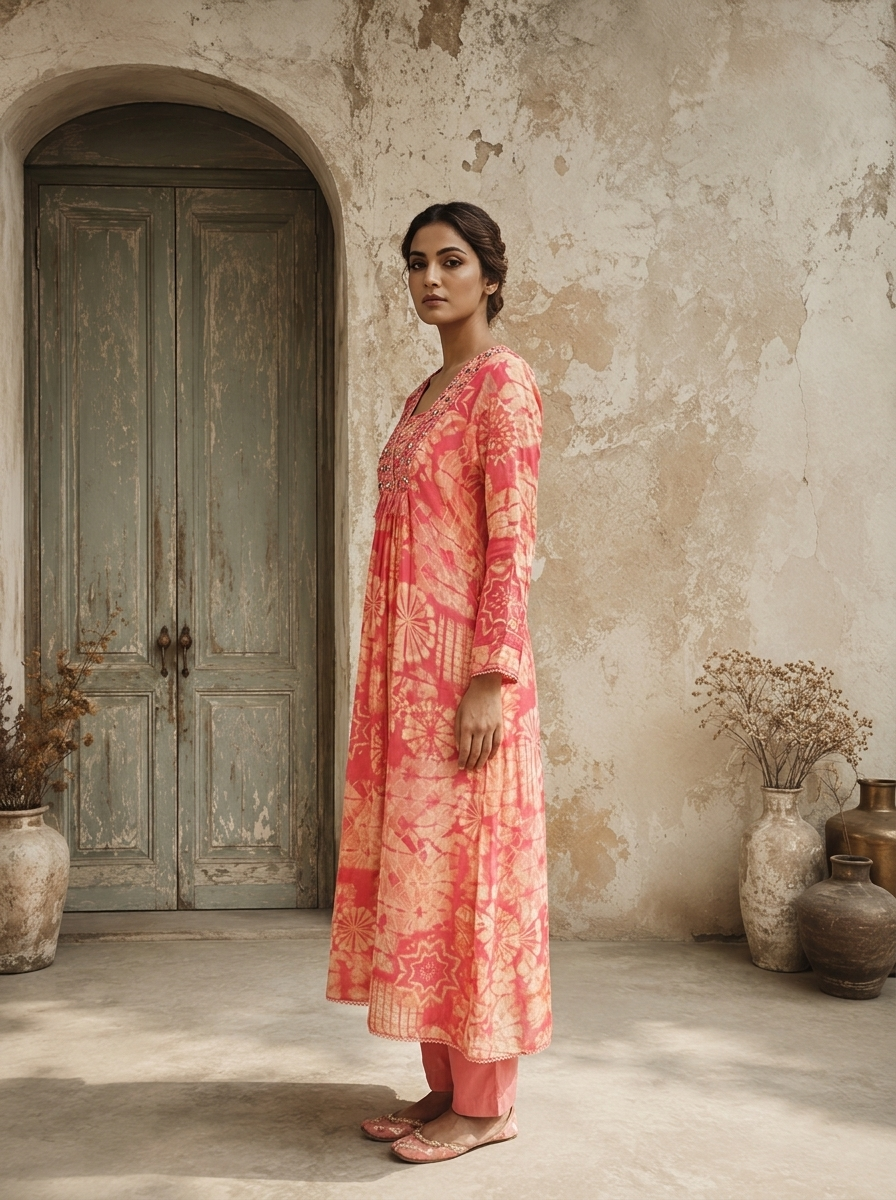 Rose Pink Muslin Geometric Printed Three Piece Set