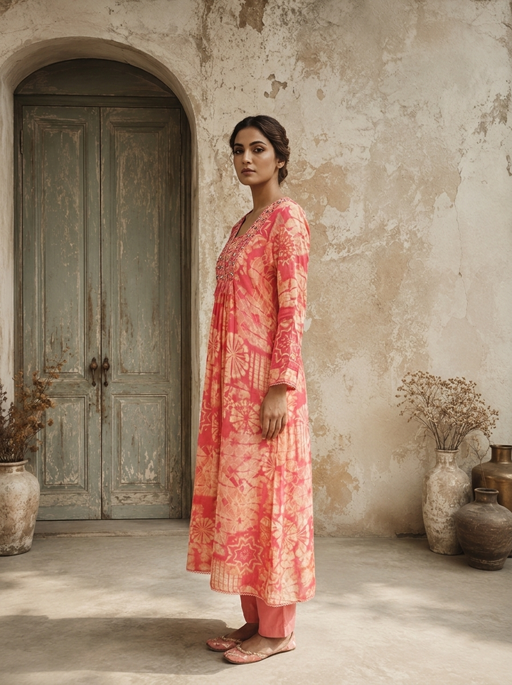 Rose Pink Muslin Geometric Printed Three Piece Set