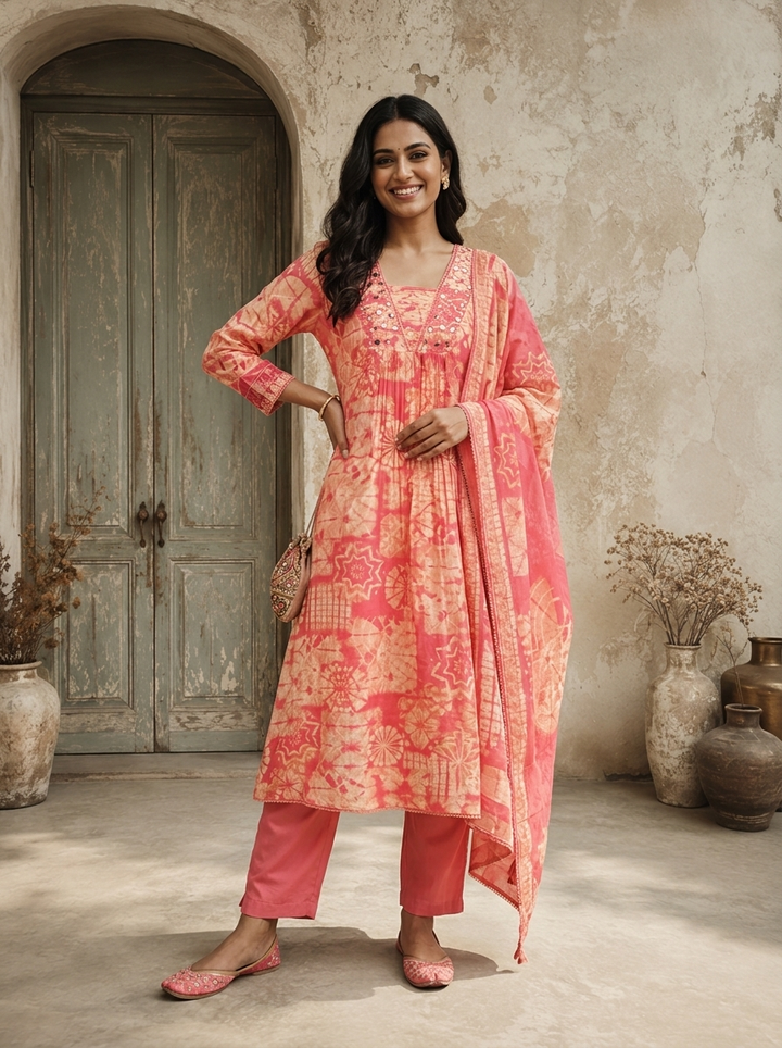 Rose Pink Muslin Geometric Printed Three Piece Set